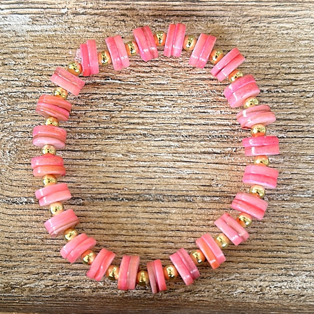 Birch House Jewelry Pink Puca Shell  Disc beads and gold accent beaded bracelet